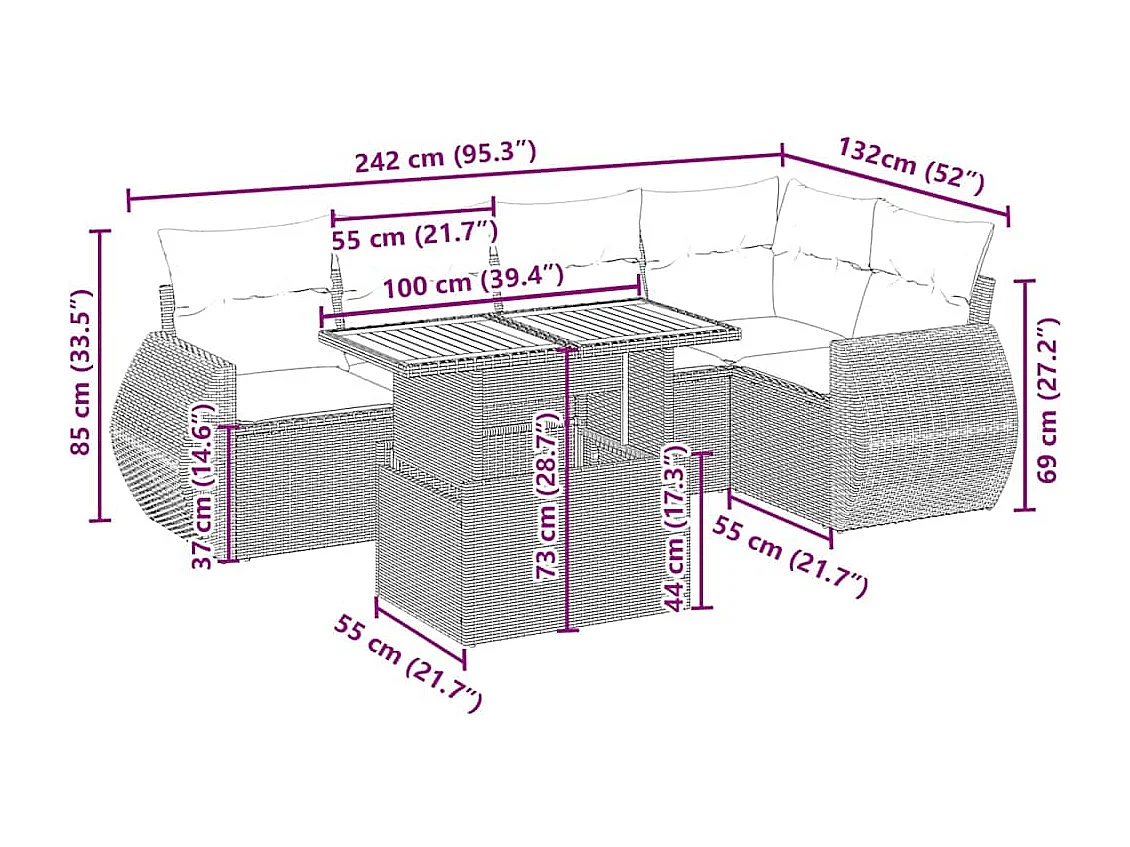 6-tlg. Garten-Sofagarnitur mit Kissen Beige Poly Rattan