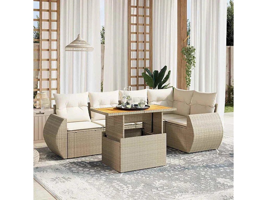 Set Divano da Giardino 6 pz con Cuscini Beige in Polyrattan
