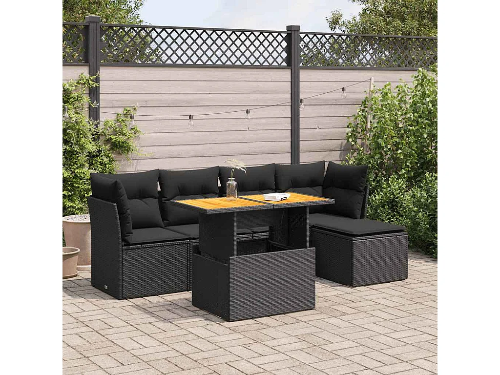 6-delige Loungeset met kussens poly rattan zwart