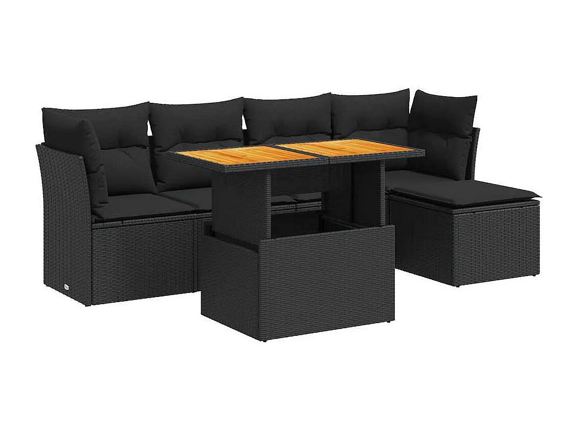 6-delige Loungeset met kussens poly rattan zwart
