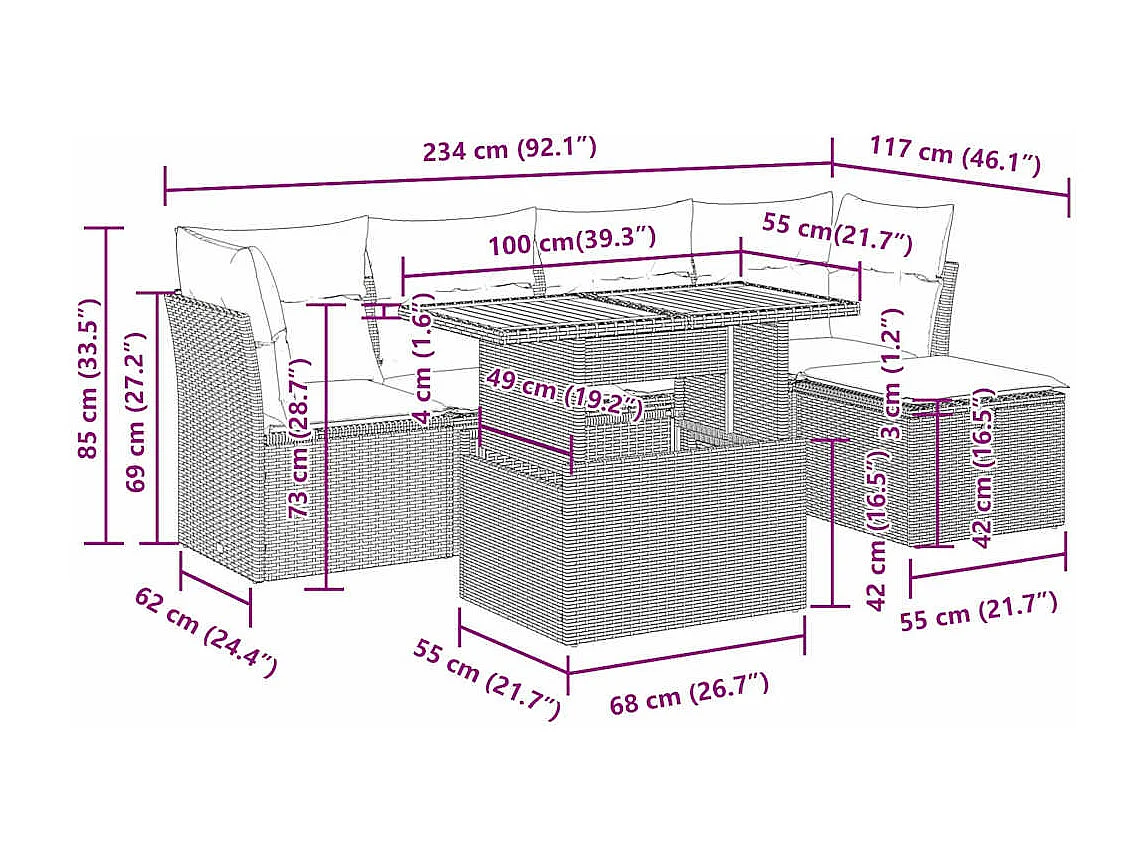 6-delige Loungeset met kussens poly rattan zwart