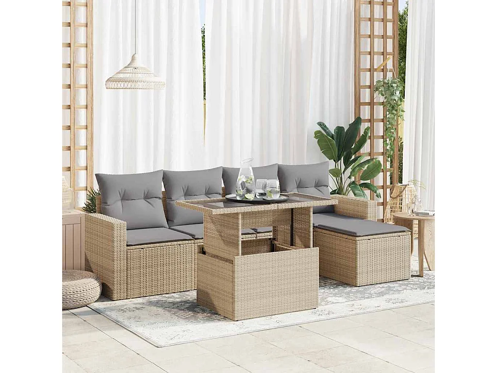 Set Divano da Giardino 6 pz con Cuscini Beige in Polyrattan