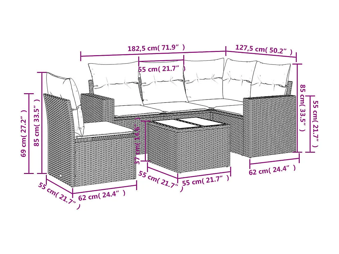 Salon de jardin avec coussins 6 pcs marron résine tressée