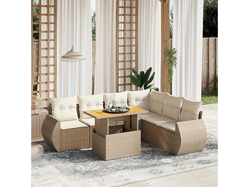 Salon de jardin avec coussins 7 pcs beige résine tressée