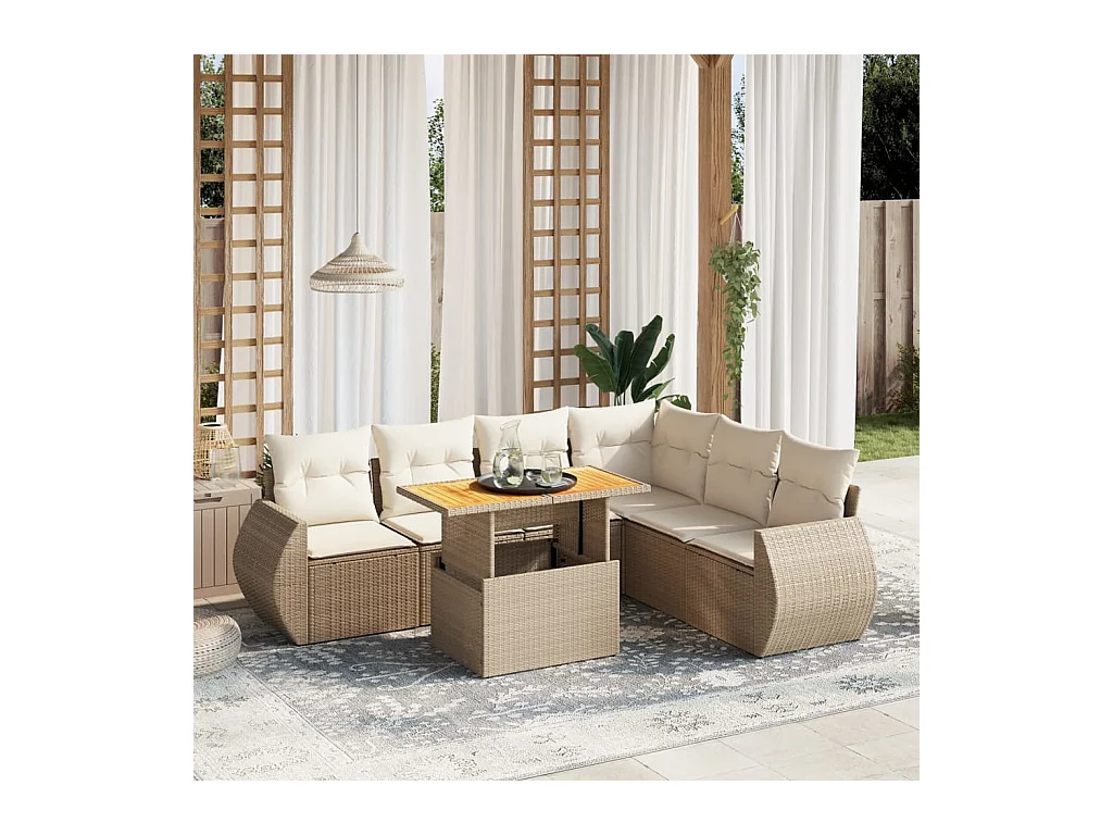 Set sofás de jardín 7 piezas y cojines ratán sintético beige