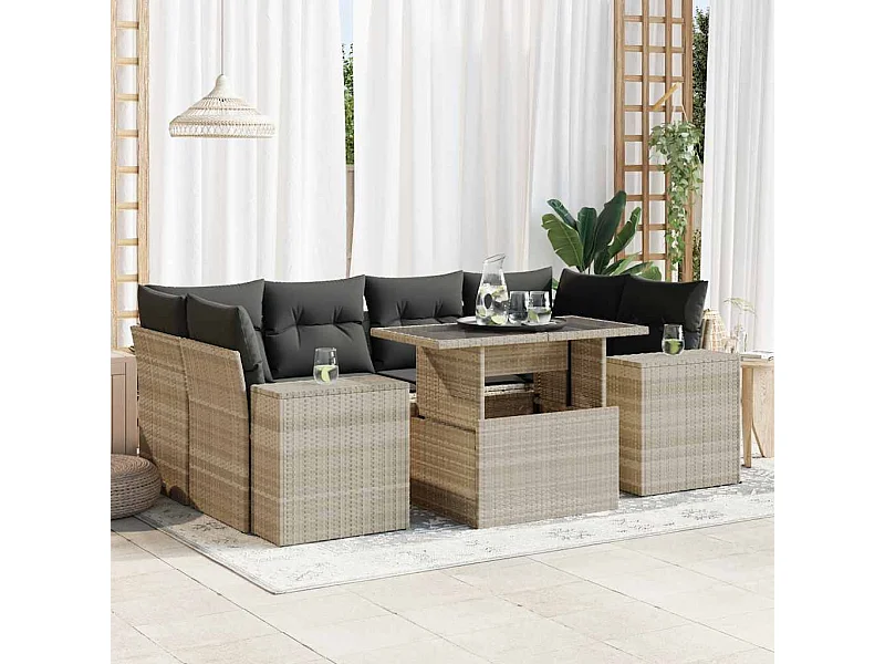 Salon de jardin avec coussins 7 pcs gris clair résine tressée