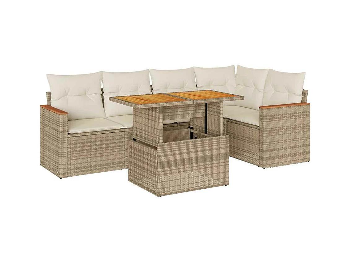 6-tlg. Garten-Sofagarnitur mit Kissen Beige Poly Rattan Akazie