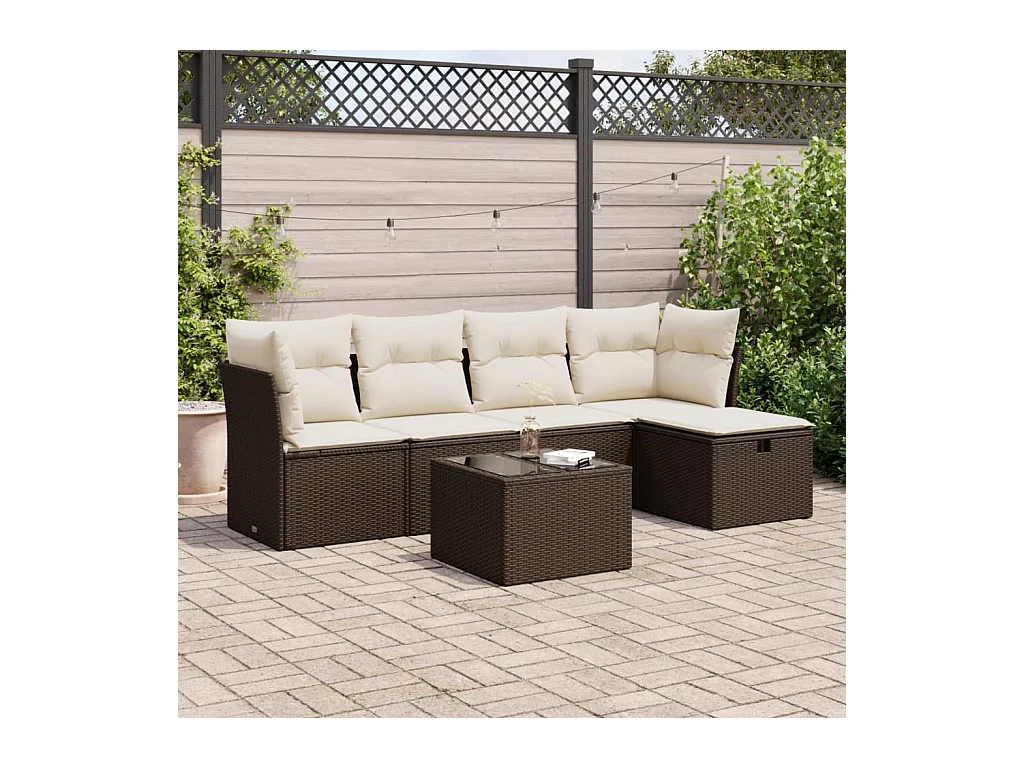 Set sofás de jardín 6 piezas y cojines ratán sintético marrón