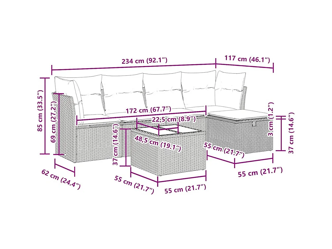6-delige Loungeset met kussens poly rattan bruin