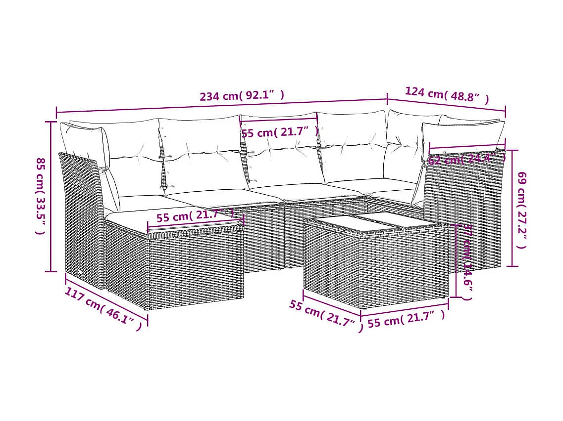 Salon de jardin avec coussins 7 pcs marron résine tressée
