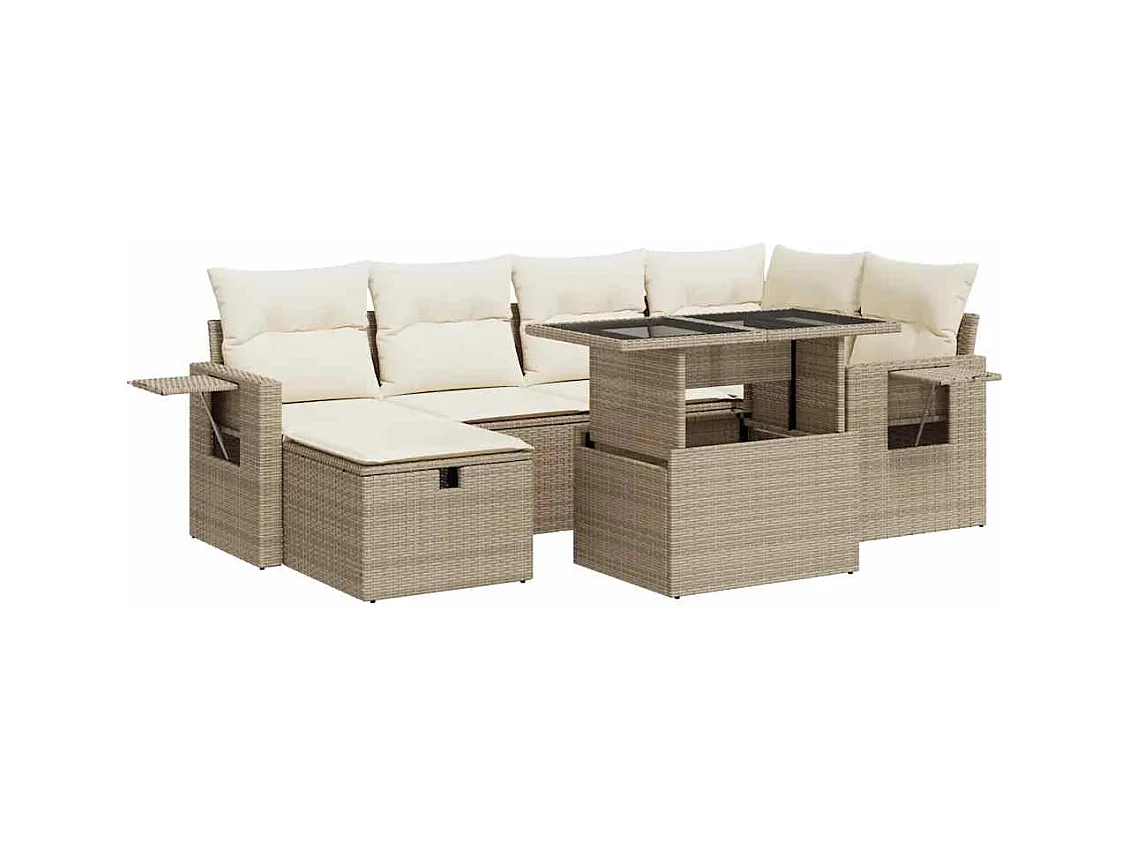 7-tlg. Garten-Sofagarnitur mit Kissen Beige Poly Rattan