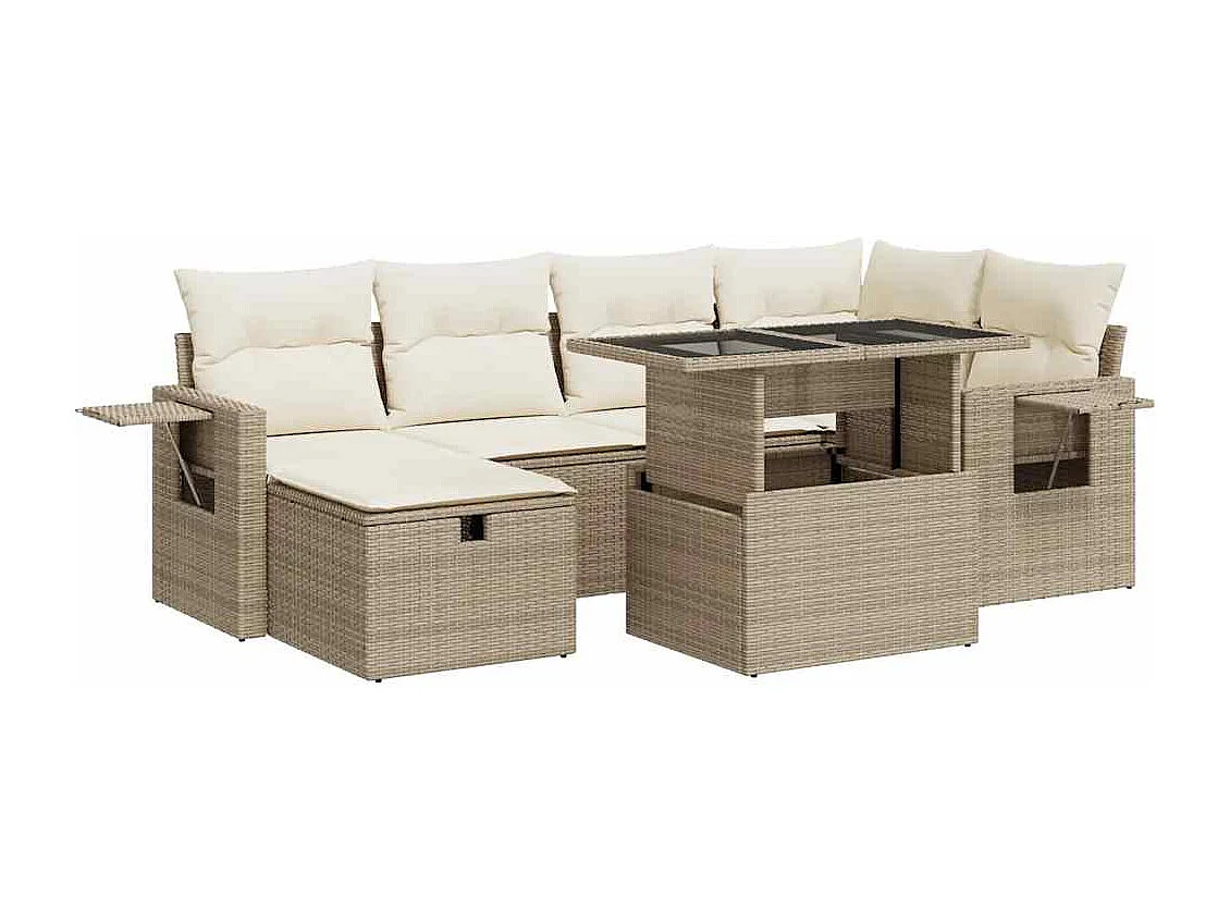 7-tlg. Garten-Sofagarnitur mit Kissen Beige Poly Rattan