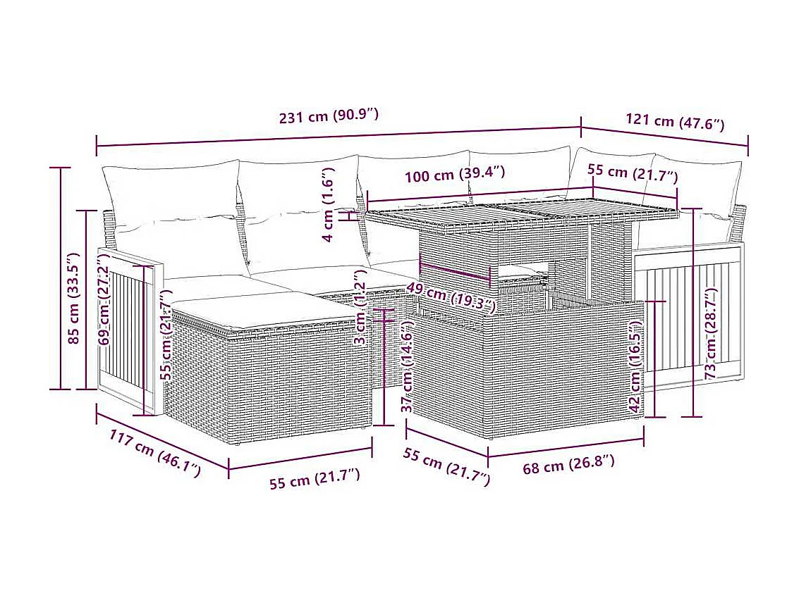 Set Divani da Giardino con Cuscini 7pz Nero Polyrattan Acacia