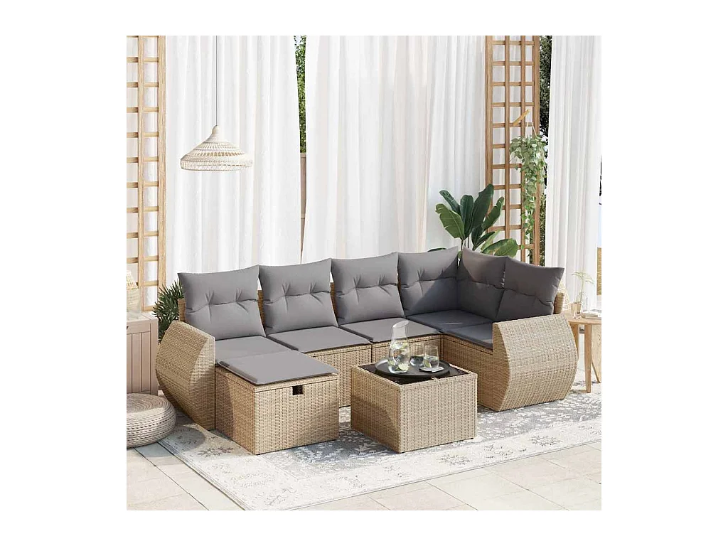 7-delige Loungeset met kussens poly rattan beige