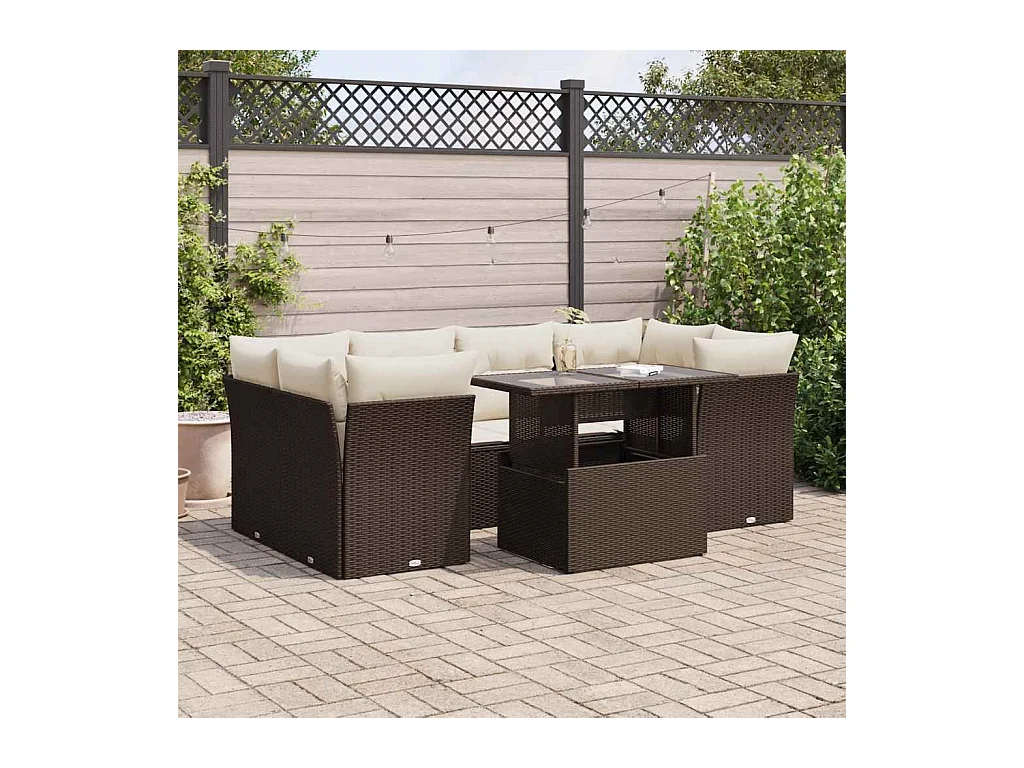 Salon de jardin avec coussins 7 pcs marron résine tressée