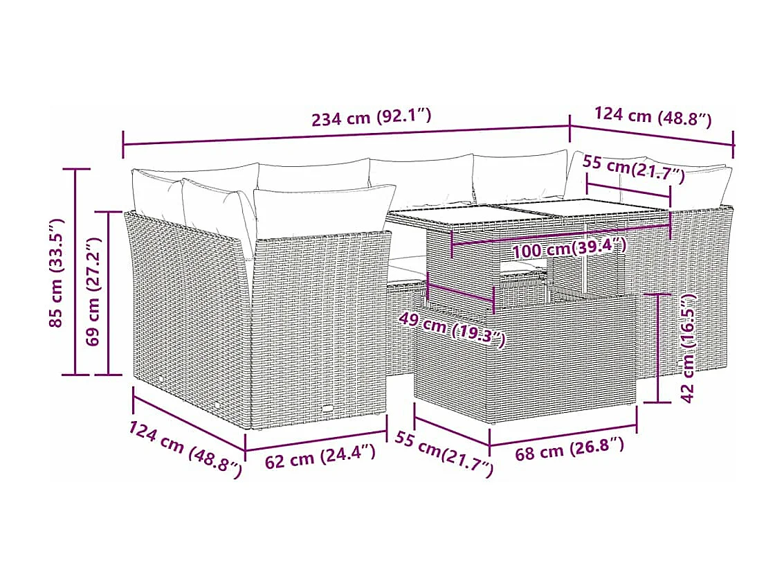 7 pcs conjunto de sofás jardim c/ almofadões vime PE castanho
