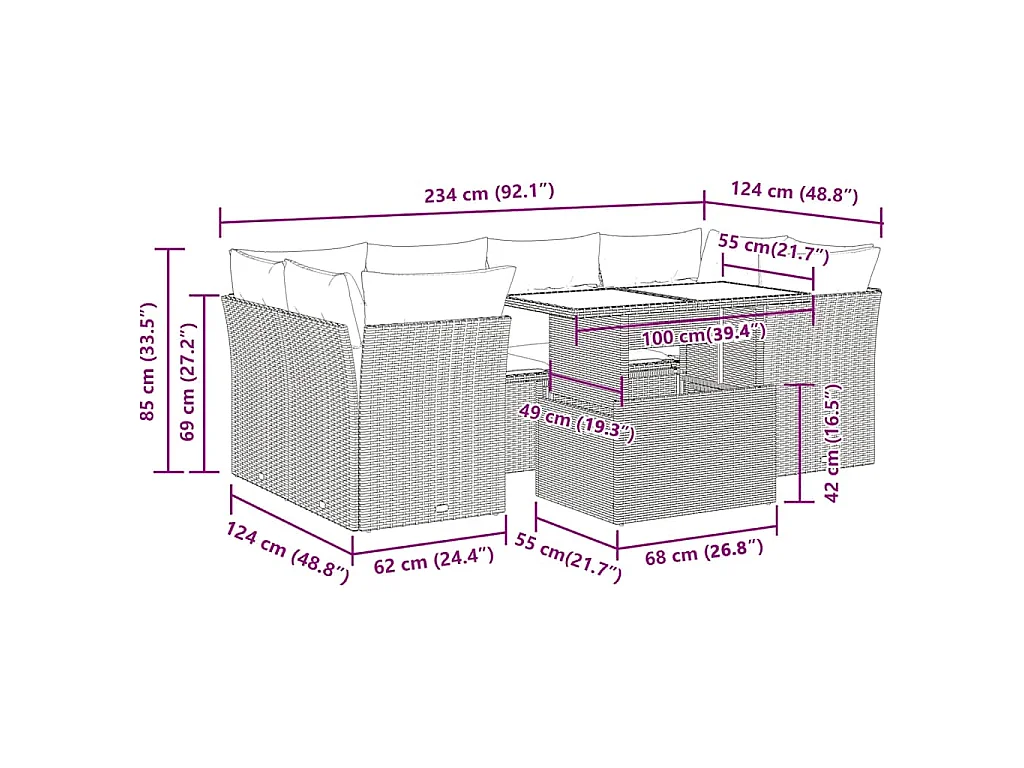7-delige Loungeset met kussens poly rattan bruin