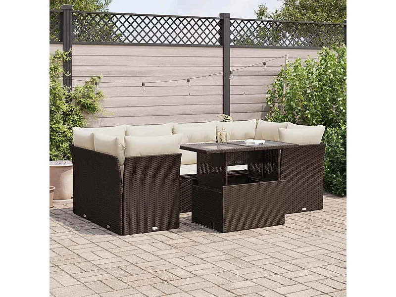 Salon de jardin avec coussins 7 pcs marron résine tressée