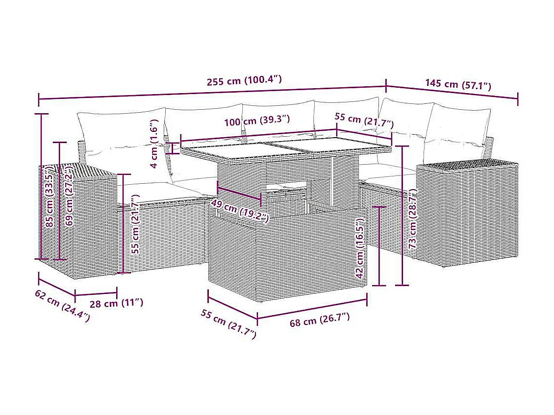 Salon de jardin 6 pcs avec coussins gris clair résine tressée