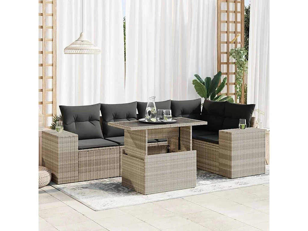 Salon de jardin 6 pcs avec coussins gris clair résine tressée