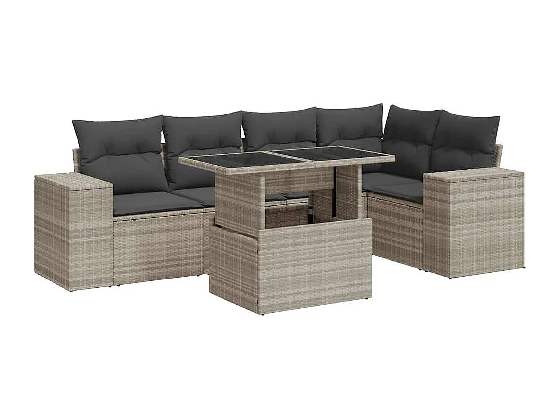 Salon de jardin 6 pcs avec coussins gris clair résine tressée