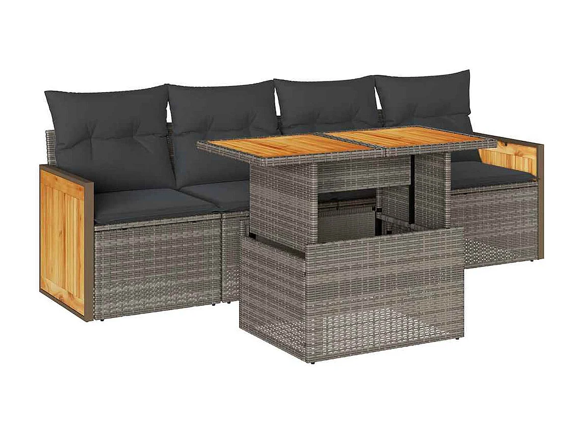 5 pcs conjunto sofás de jardim c/ almofadões acácia e vime PE