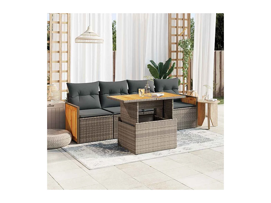 Salon de jardin 5 pcs avec coussins gris résine tressée acacia