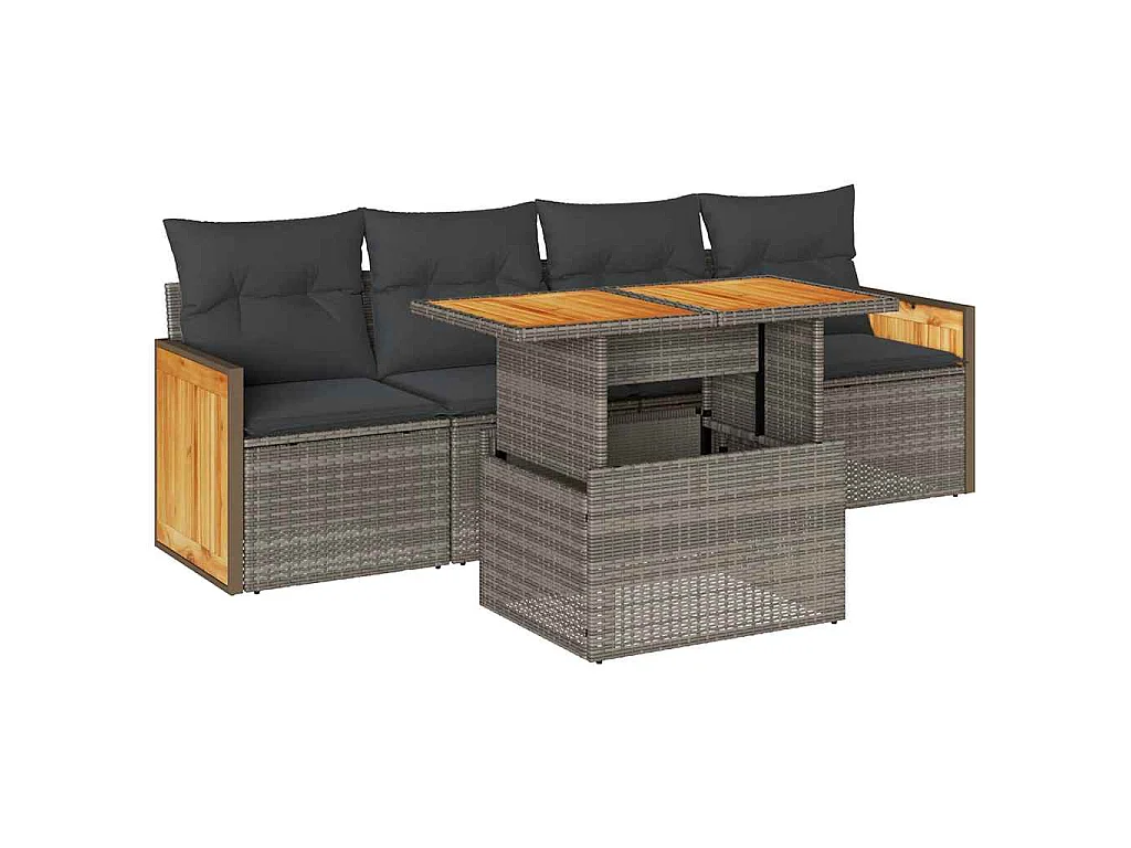 Salon de jardin 5 pcs avec coussins gris résine tressée acacia