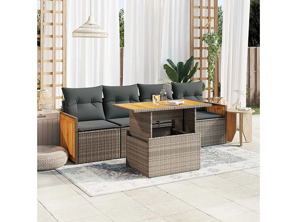 Salon de jardin 5 pcs avec coussins gris résine tressée acacia