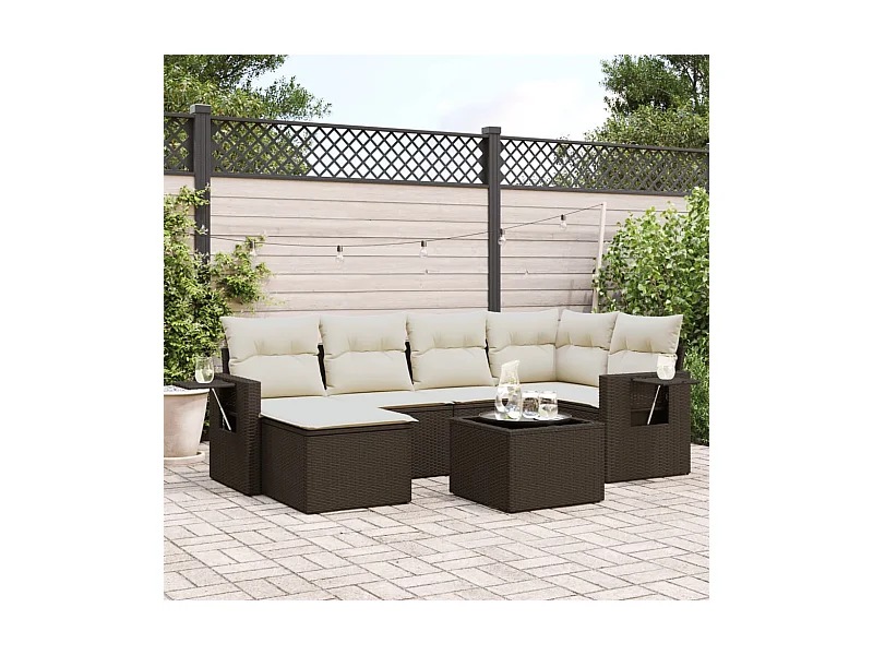 Salon de jardin avec coussins 7 pcs marron résine tressée