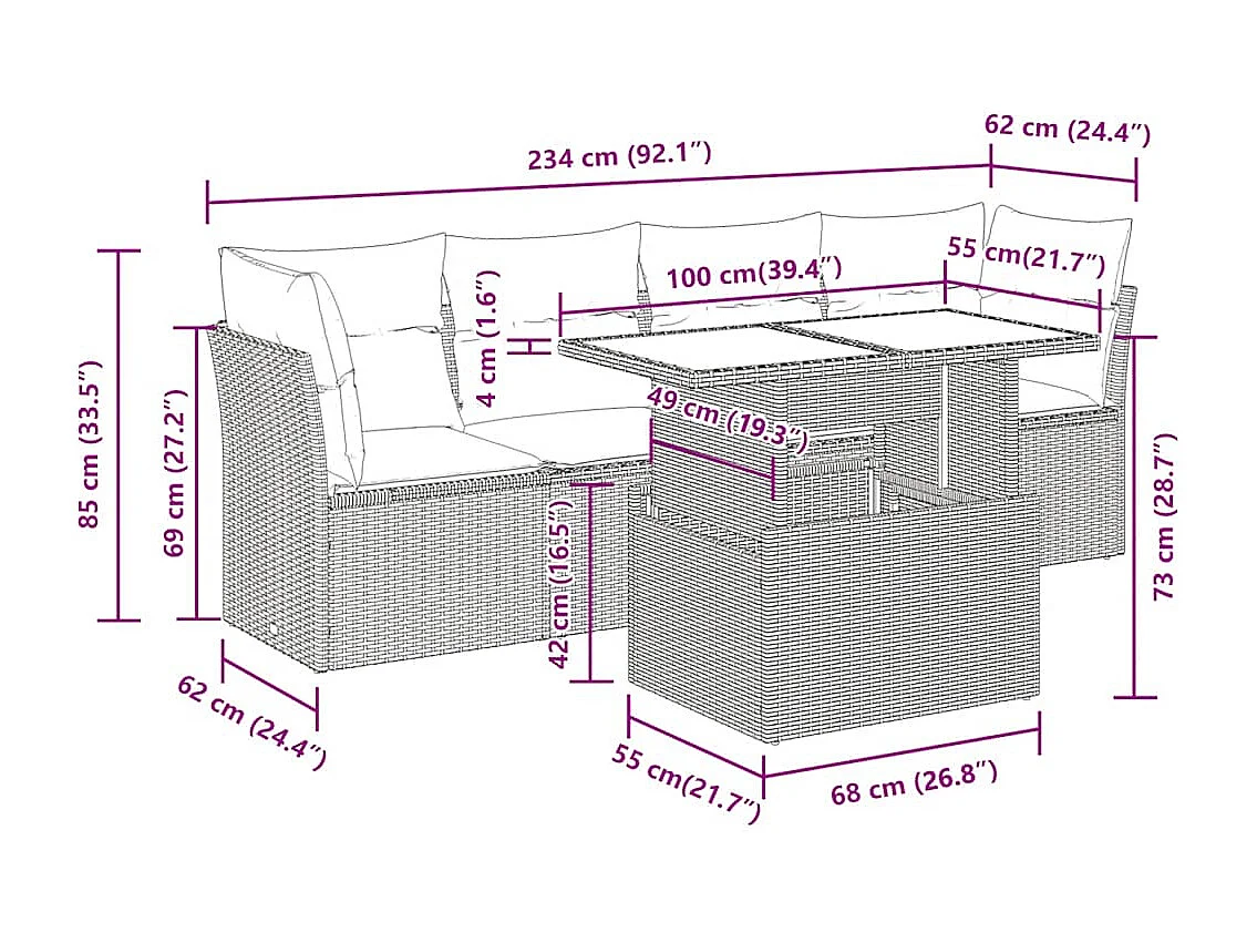 Salon de jardin avec coussins 5 pcs marron résine tressée