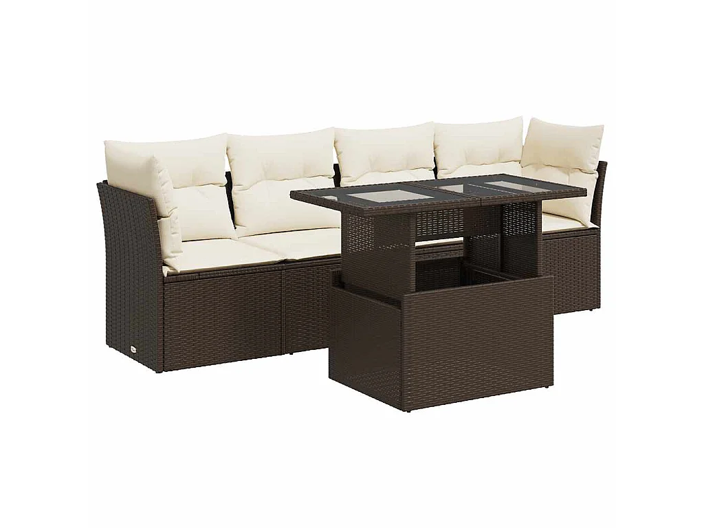 5-delige Loungeset met kussens poly rattan bruin
