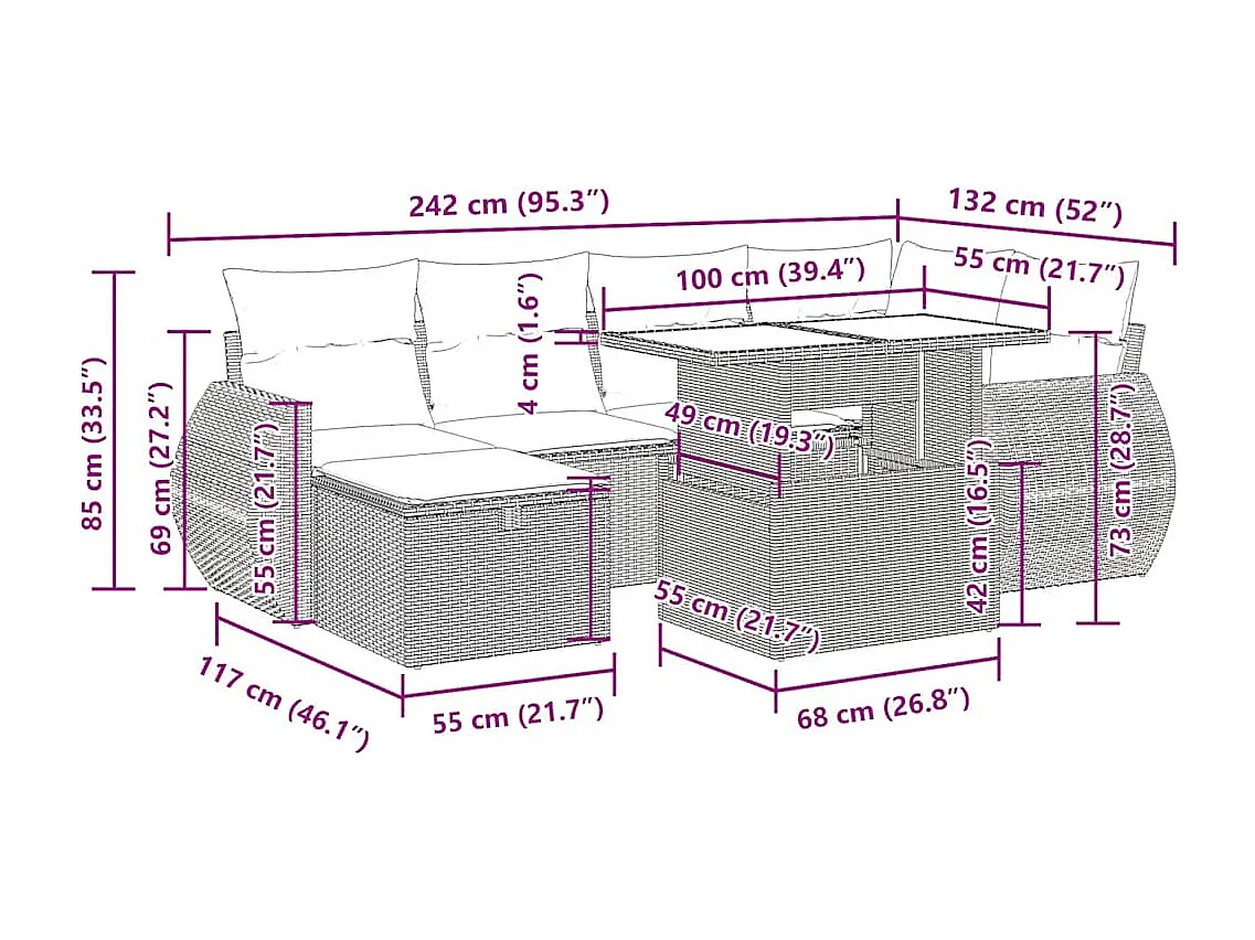 7 pcs conjunto de sofás p/ jardim c/ almofadões vime PE preto