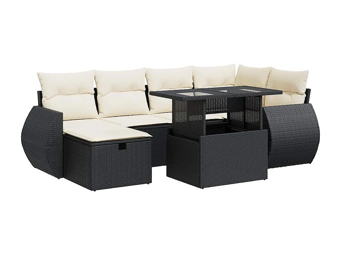 7-tlg. Garten-Sofagarnitur mit Kissen Schwarz Poly Rattan