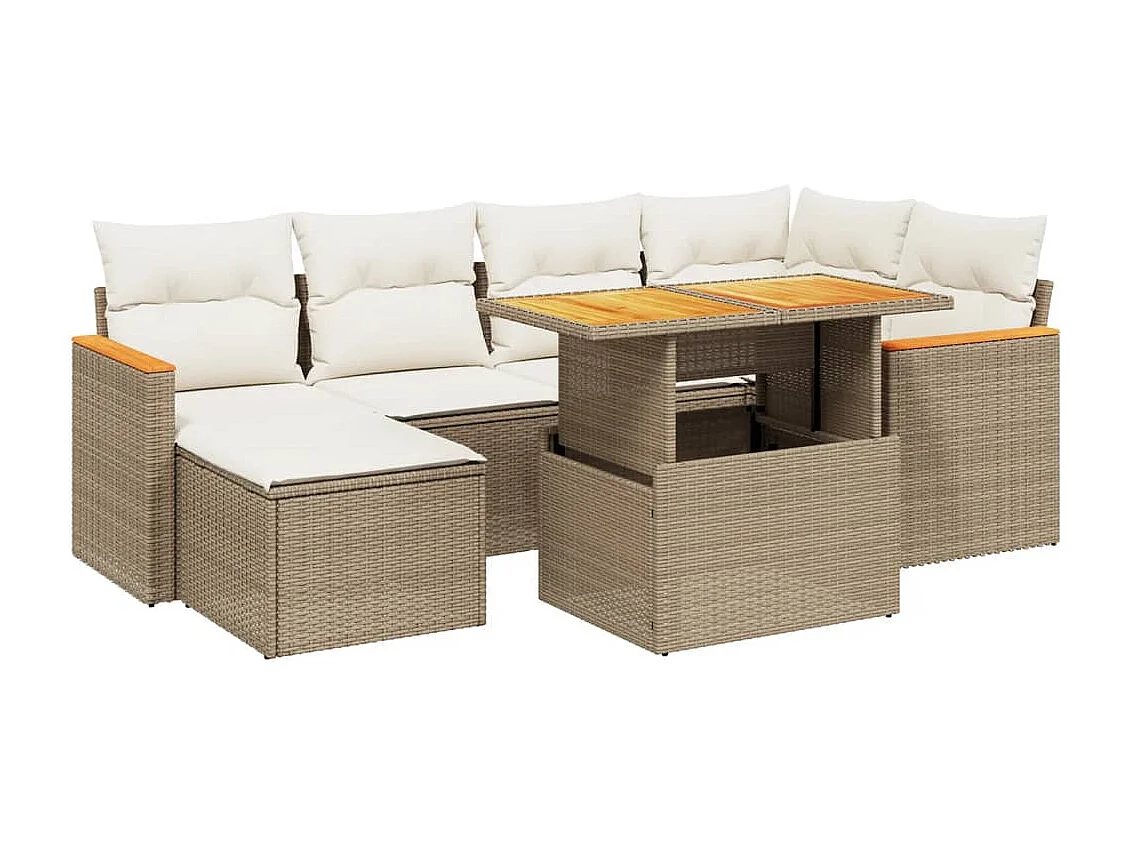 7-delige Loungeset met kussens poly rattan beige