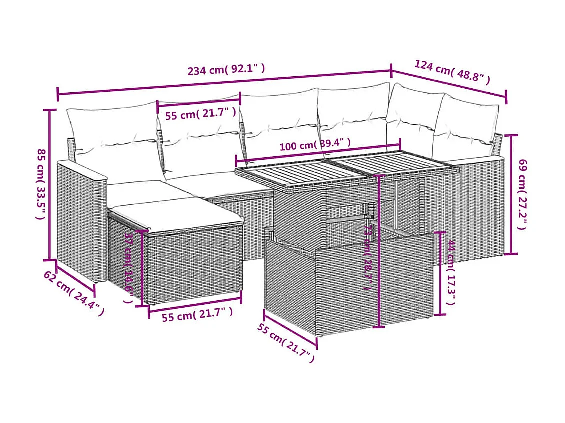 7-delige Loungeset met kussens poly rattan beige