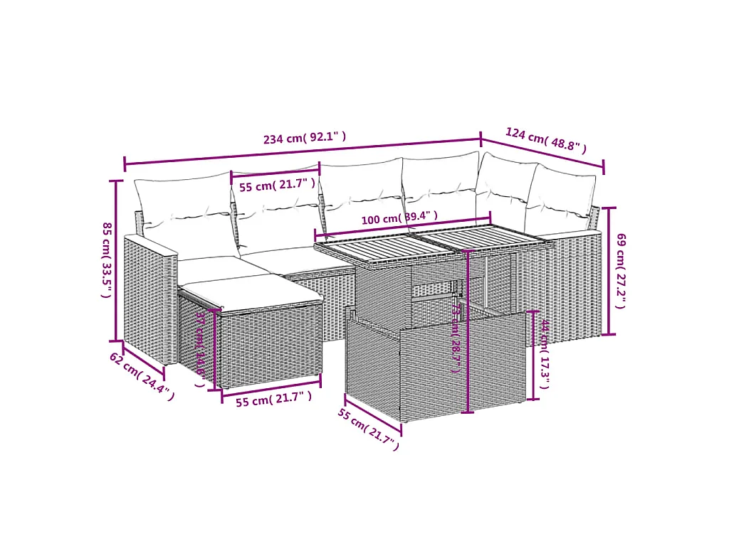 Set Divani da Giardino 7 pz con Cuscini Beige in Polyrattan