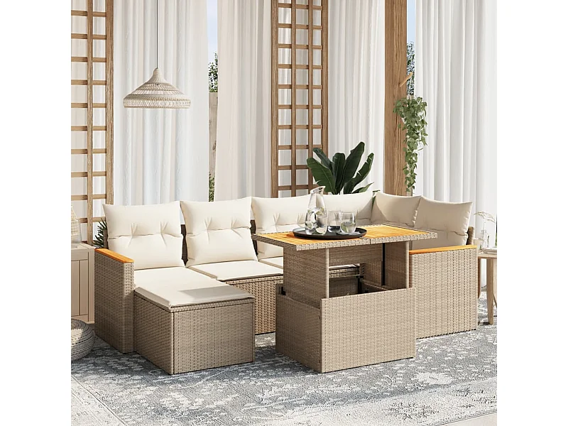 7-delige Loungeset met kussens poly rattan beige