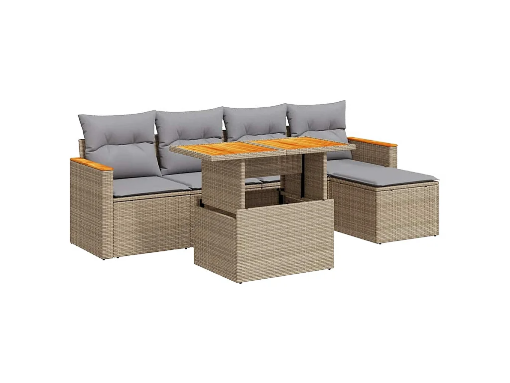 Salon de jardin 6 pcs avec coussins beige résine tressée acacia