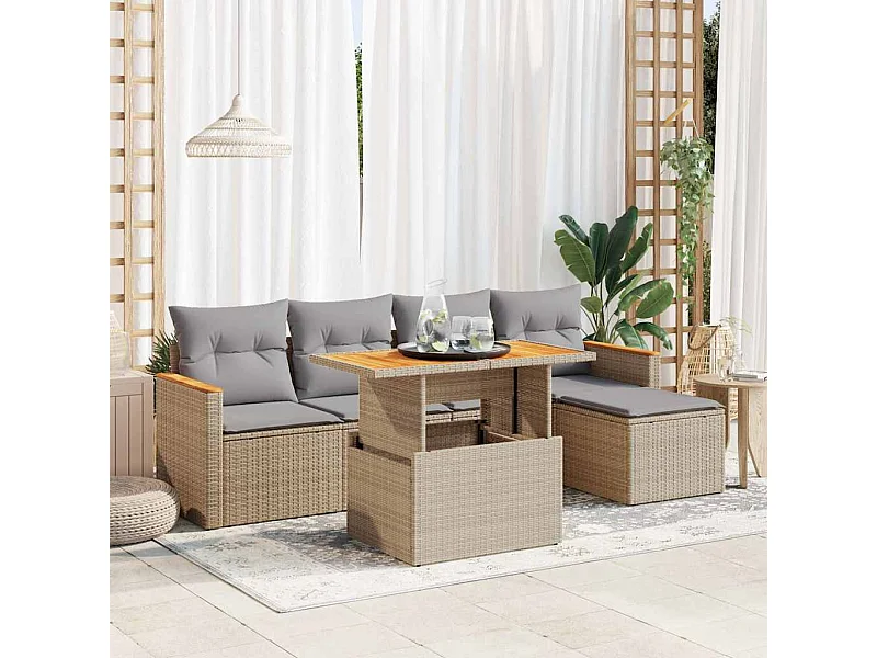 6-tlg. Garten-Sofagarnitur mit Kissen Beige Poly Rattan Akazie
