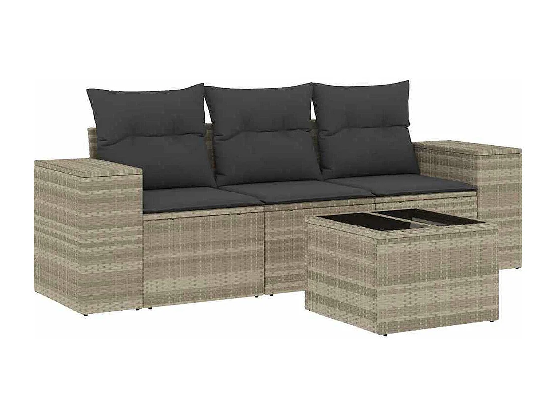 Salon de jardin 4 pcs avec coussins gris clair résine tressée