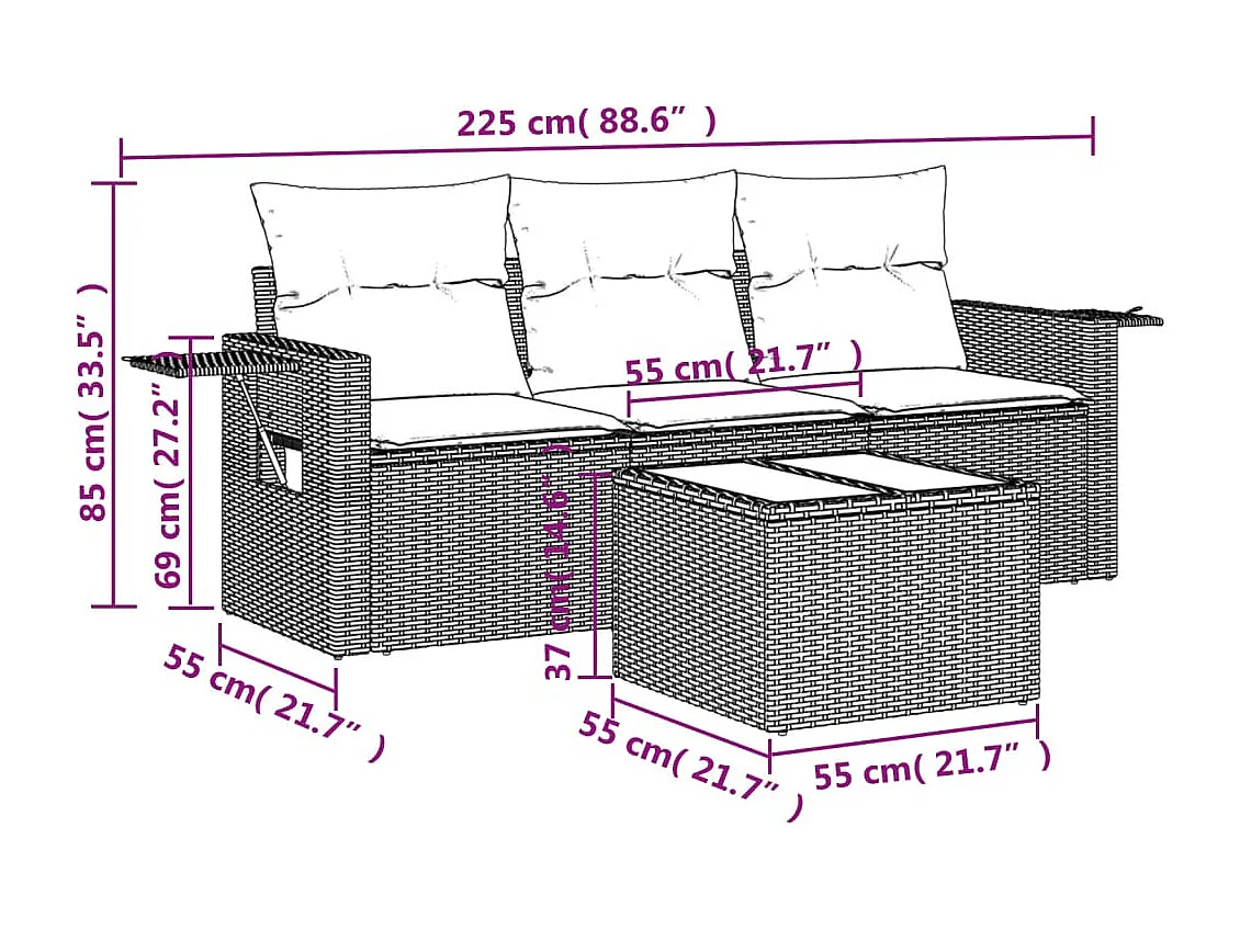 4-delige Loungeset met kussens poly rattan beige