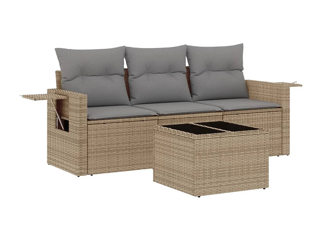 Set Divano da Giardino 4 pz con Cuscini Beige in Polyrattan