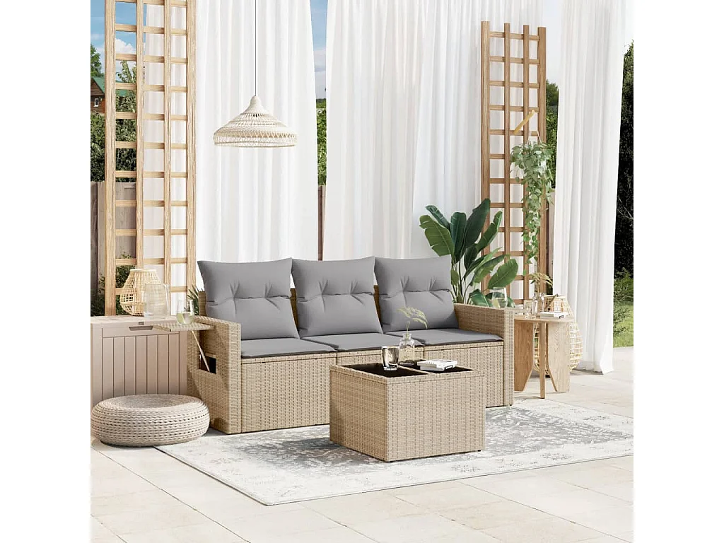 Set Divano da Giardino 4 pz con Cuscini Beige in Polyrattan