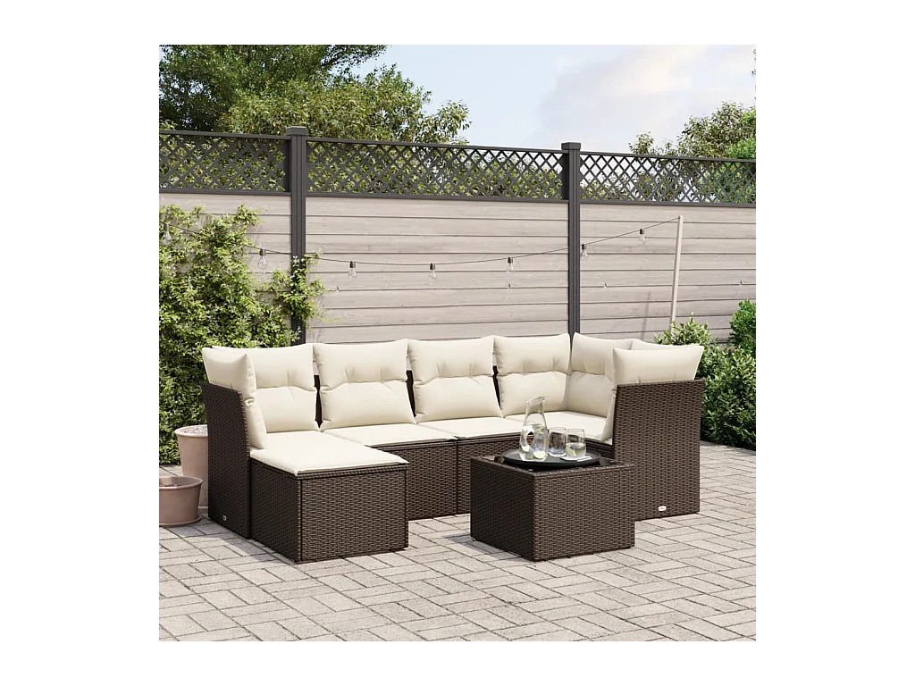 Set Divani da Giardino 7 pz con Cuscini Marrone in Polyrattan