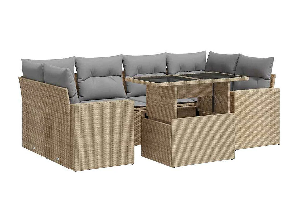 7-delige Loungeset met kussens poly rattan beige