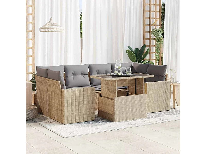 Set Divani da Giardino 7 pz con Cuscini Beige in Polyrattan