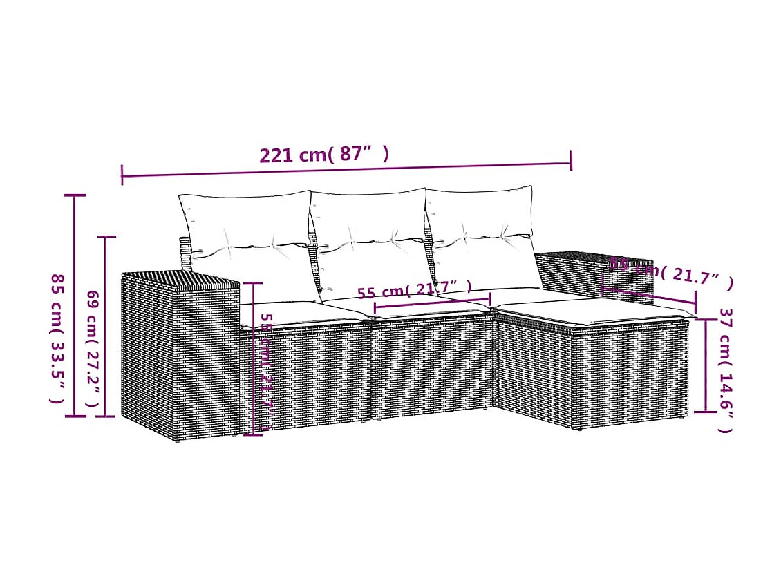 Set de sofás de jardín 4 pzas y cojines ratán sintético marrón