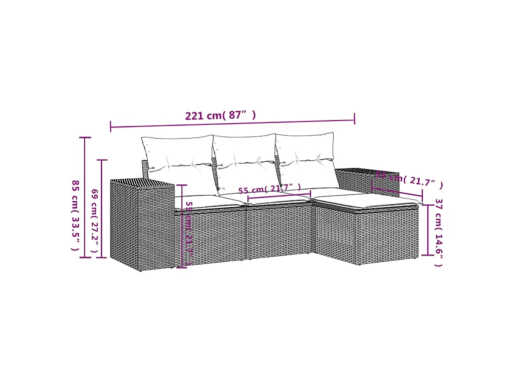 Set Divano da Giardino 4 pz con Cuscini Marrone in Polyrattan