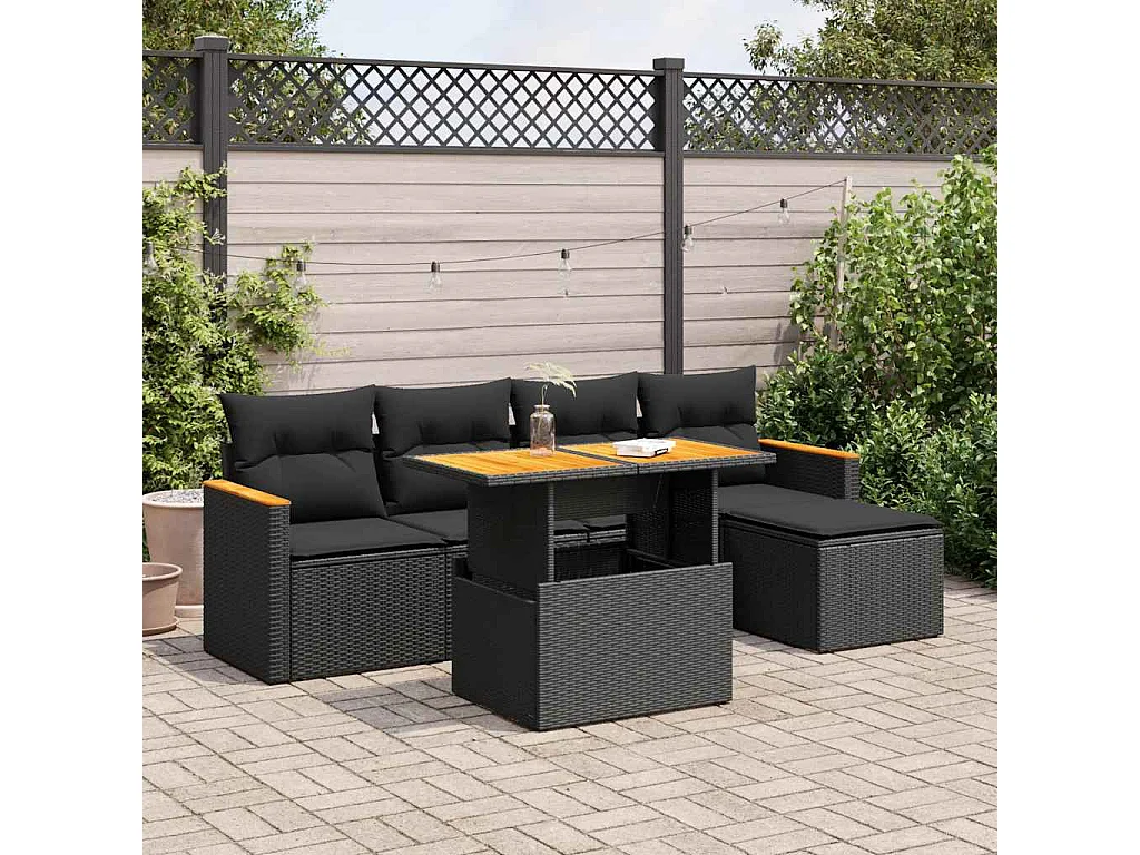 Salon de jardin 6 pcs avec coussins noir résine tressée acacia